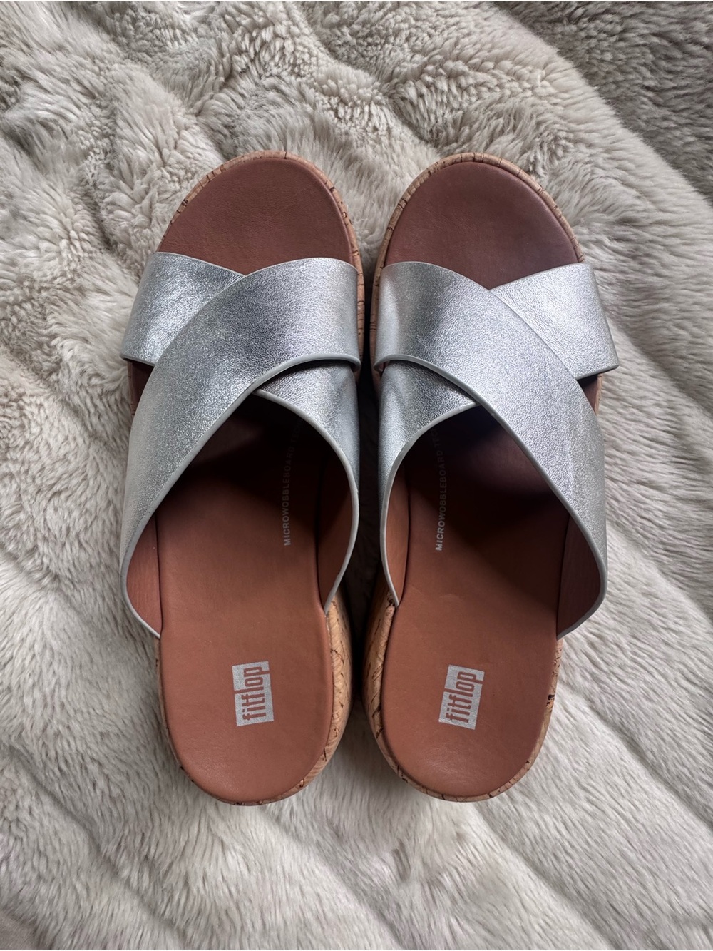 FitFlop Metallic Silver Crossband Cork-Effect Slide Mules
